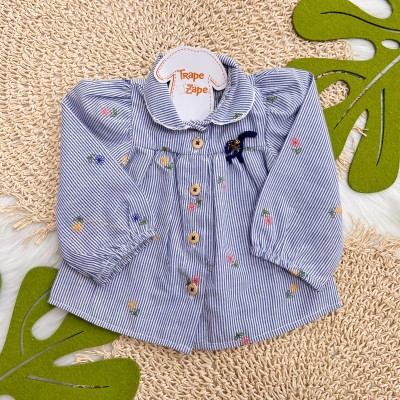 Conj. Batinha Listrada com Florzinha e Calça Legging - Azul Marinho